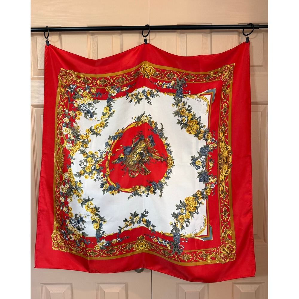 Vintage Baroque Musical Instrument Square Scarf 33x33 Red Gold Floral Regalcore